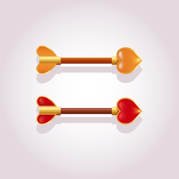 Flèches de cupidon réalistes en deux couleurs rouge et or. Éléments pour la publicité de jeu, de web ou de conception. Vecteur