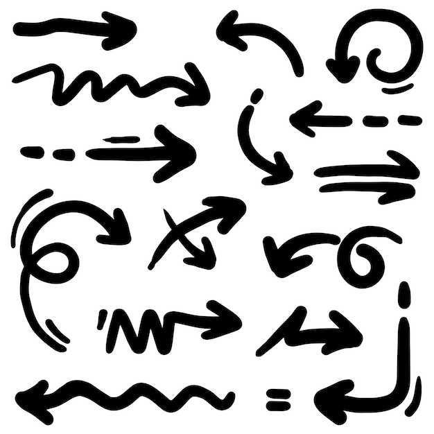 Flèches Dessinées à La Main De Griffonnage Abstrait De Vecteur à Partir De Lignes Fines Dans Une Collection Multiple