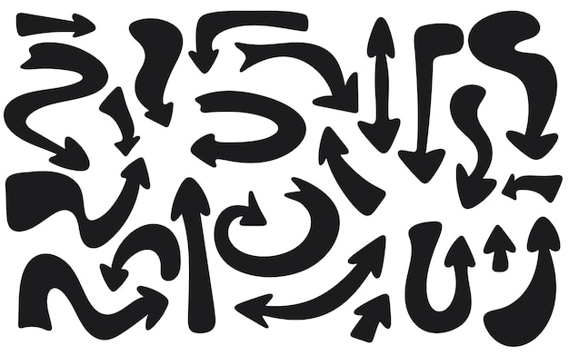 Flèches dynamiques dessinées à la main ensemble pointeur insigne curseur flèche direction encre icônes isolées collection