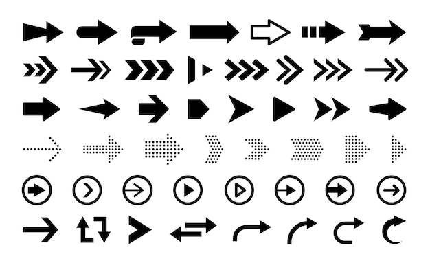 flèches et pointeurs plats noirs isolés sur fond blanc grand ensemble vectoriel d'éléments de navigation