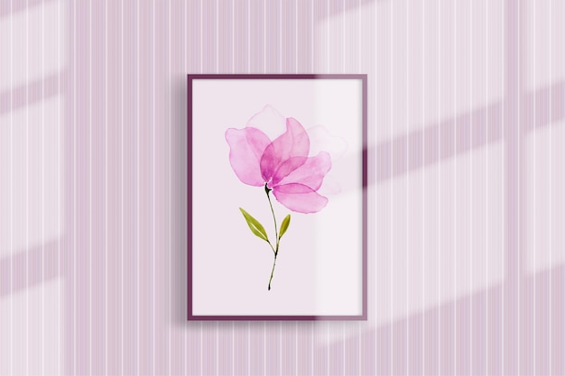Vecteur fleur aquarelle rose peinte à la main. présenté sur un cadre photo suspendu avec de l'ombre passant parfait pour la conception de décorations murales