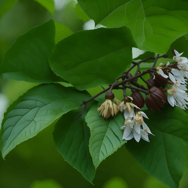 Vecteur une fleur blanche est sur une branche avec des feuilles vertes.