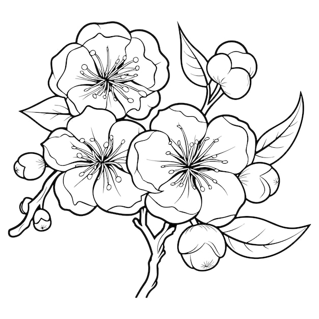 Vecteur fleur de cerisier fleur art botanique printemps amande sakura pommier branche main dessiner doodle illustration vectorielle art mignon d'encre noire isolé sur fond blanc croquis de fleur floral réaliste