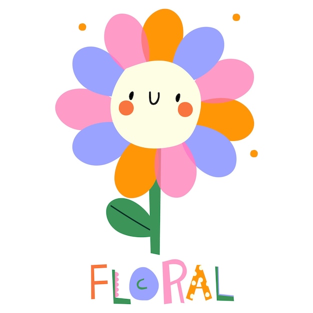 Vecteur une fleur colorée avec le mot floral dessus cute cartoon flower with colorful petals and hand let