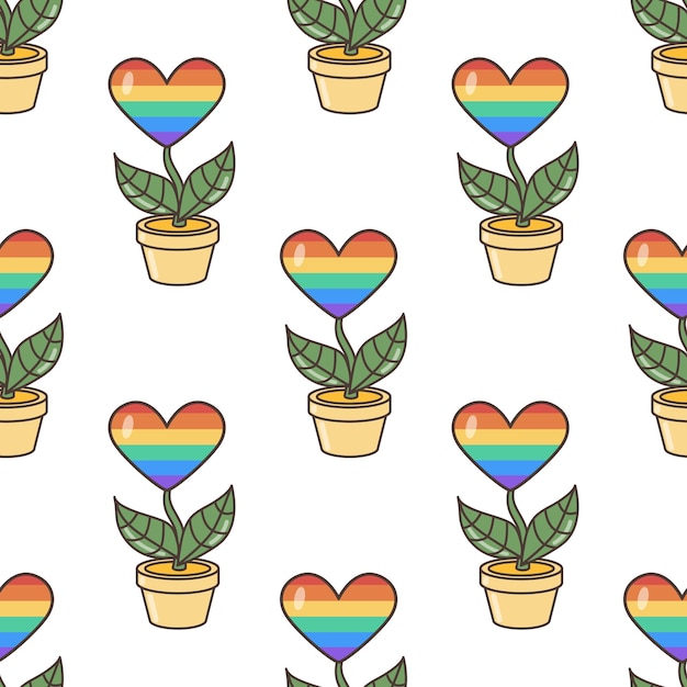 Une fleur dans les couleurs du drapeau LGBT poussant dans un pot de fleurs à motif sans couture clipart rétro