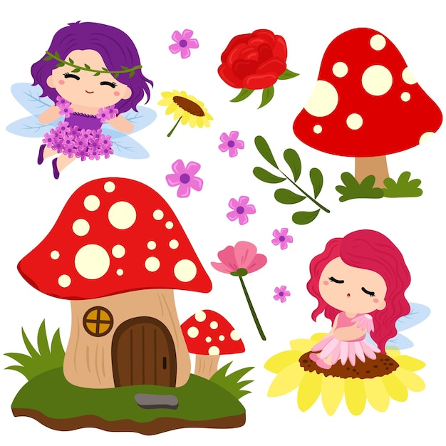 Fleur fée enfants printemps Clipart Vector Set