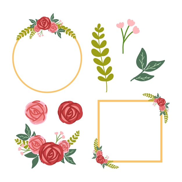 Fleur Et Feuilles Dessinées à La Main Avec Bordure Et Illustration De Cadre