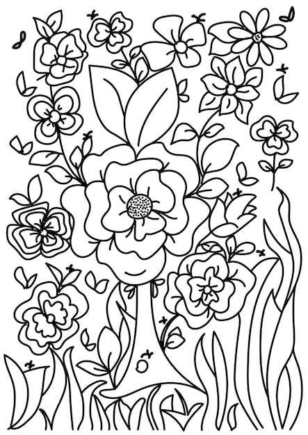 Vecteur fleur avec des feuilles doodles