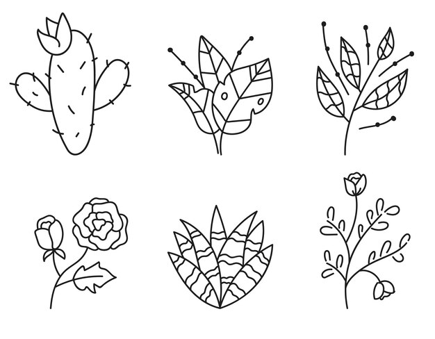Fleur floral feuille plante dessin au trait dessiné à la main style concept graphisme illustration ensemble