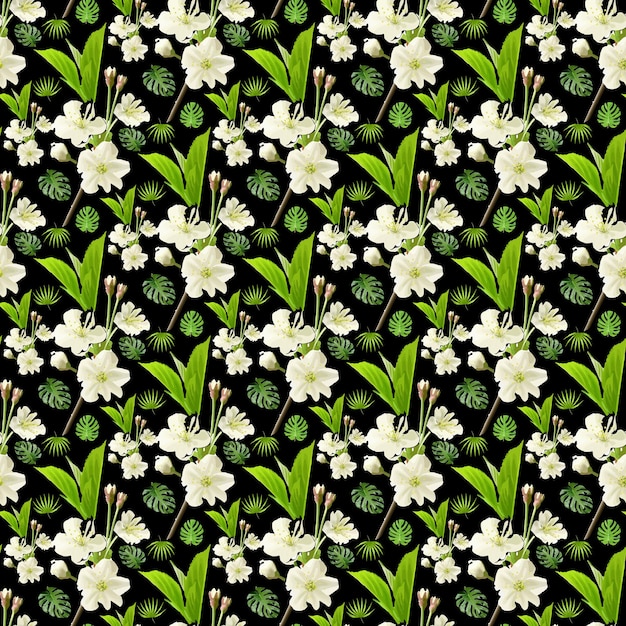 Fleur De Jasmin, Branche & Feuille Sur Fond Noir Seamless Pattern Design