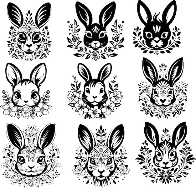 Fleur de lapin fleur de rabbit lapin floral dessiné à la main jolie silhouette illustration vectorielle noire