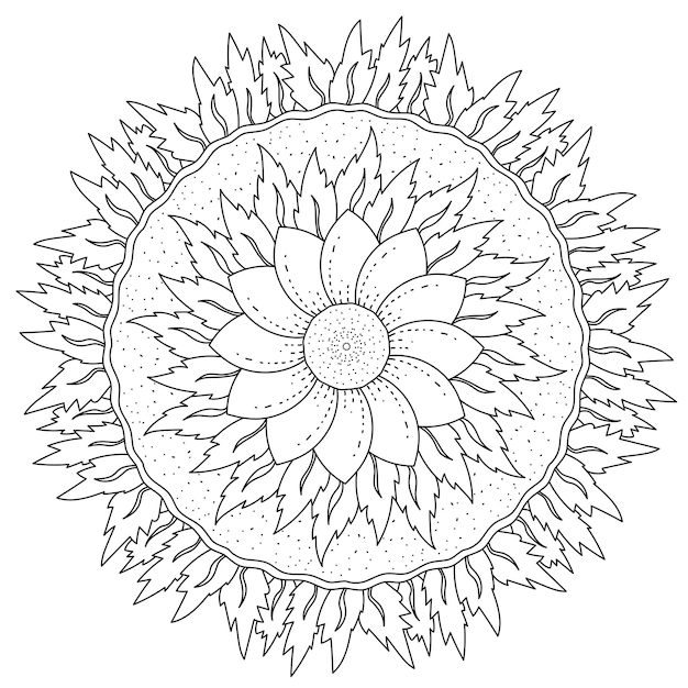 Fleur De Mandala Avec Une Rangée De Pétales Et Deux Rangées De Feuilles Coloriage Méditatif Sur Le Thème De La Nature