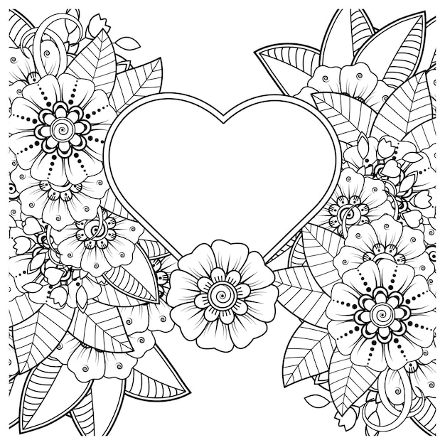 Fleur De Mehndi Avec Cadre En Forme De Coeur Dans La Page Du Livre De Coloriage Ornement Style Oriental Ethnique Doodle