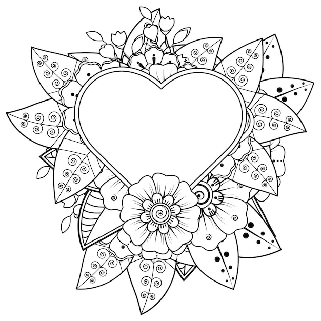 Fleur De Mehndi Avec Cadre En Forme De Coeur Dans La Page Du Livre De Coloriage Ornement Style Oriental Ethnique Doodle
