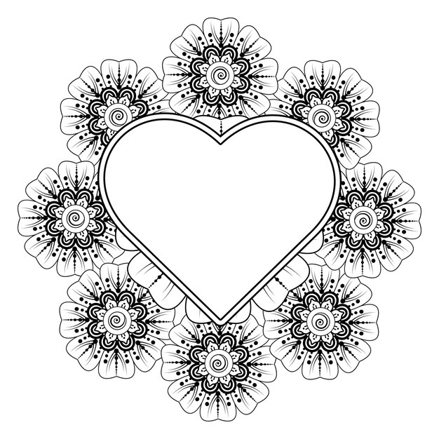 Fleur De Mehndi Avec Cadre En Forme De Décoration De Coeur En Ornement Oriental Ethnique Doodle