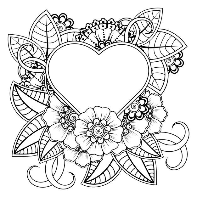 Fleur De Mehndi Avec Cadre En Forme De Décoration De Coeur En Ornement Oriental Ethnique Doodle