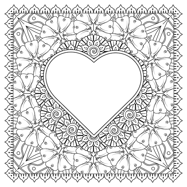 Fleur De Mehndi Avec Cadre En Forme De Décoration De Coeur En Ornement Oriental Ethnique Doodle