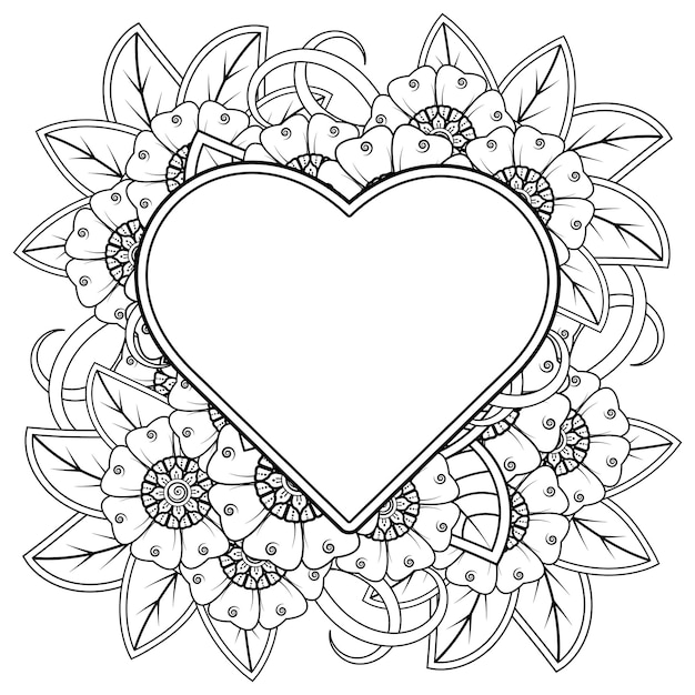 Fleur De Mehndi Avec Cadre En Forme De Décoration De Coeur En Ornement Oriental Ethnique Doodle