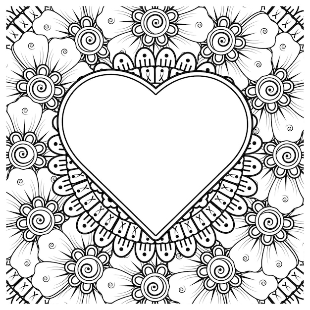 Fleur De Mehndi Avec Cadre En Forme De Décoration De Coeur En Ornement Oriental Ethnique Doodle