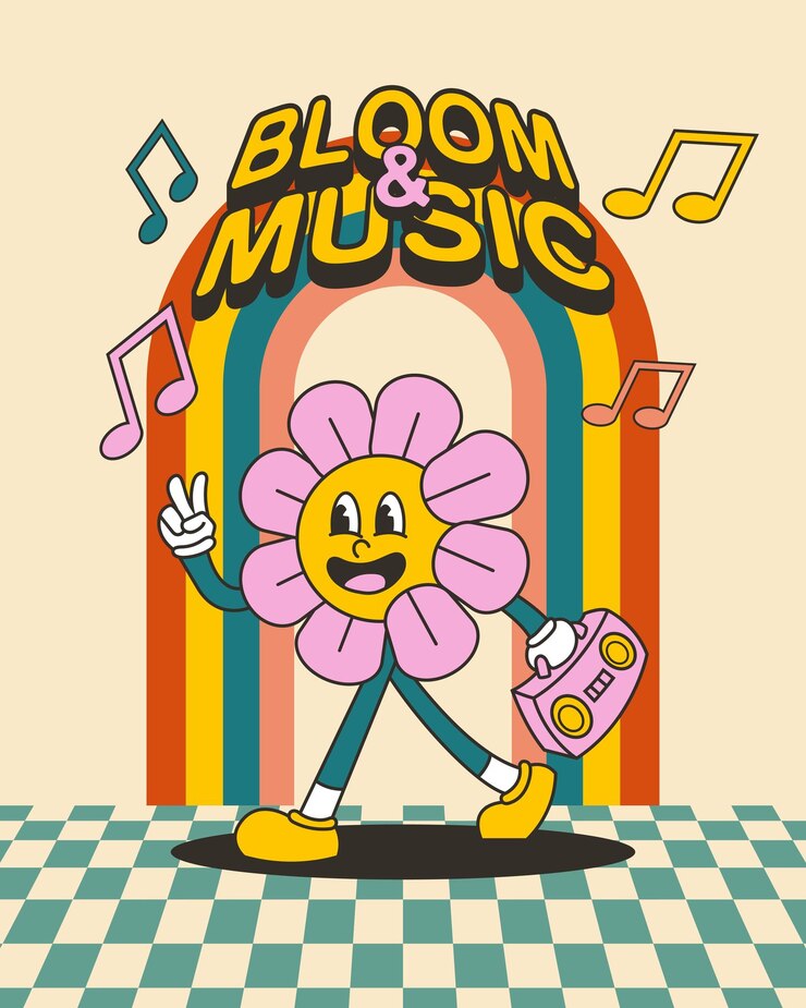Vecteur fleur mignonne et drôle illustration groovy fleur et musique