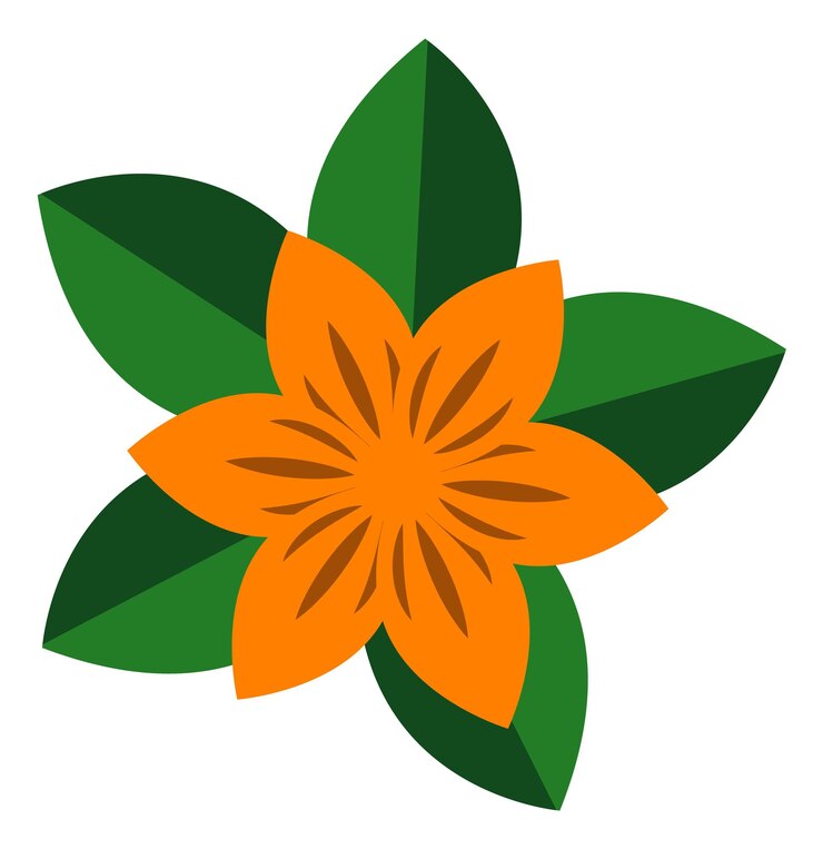 Vecteur fleur orange sur feuilles vertes. icône de fleur simple isolé sur fond blanc
