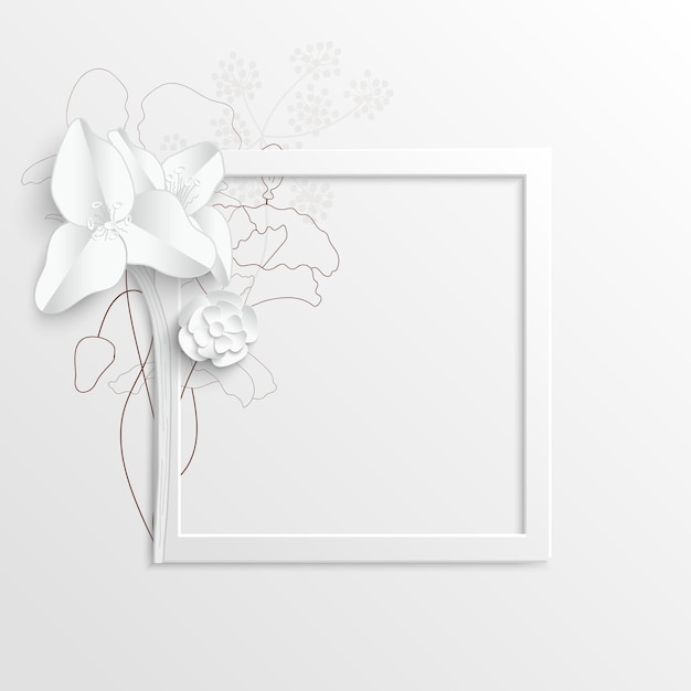 Fleur en papier. Cadre carré avec fleurs coupées abstraites. Rose blanche. Un cœur. Décorations de mariage. Bouquet de mariée décoratif. Modèle de carte de voeux sur fond blanc. Illustration vectorielle.