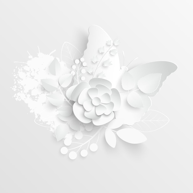 Fleur en papier Roses blanches découpées dans du papier Décorations de mariage Modèle de carte de voeux