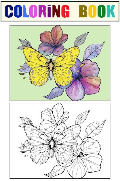 Vecteur fleur avec papillon jaune seth livre de coloration et de dessin de couleur vecteur génératif ai