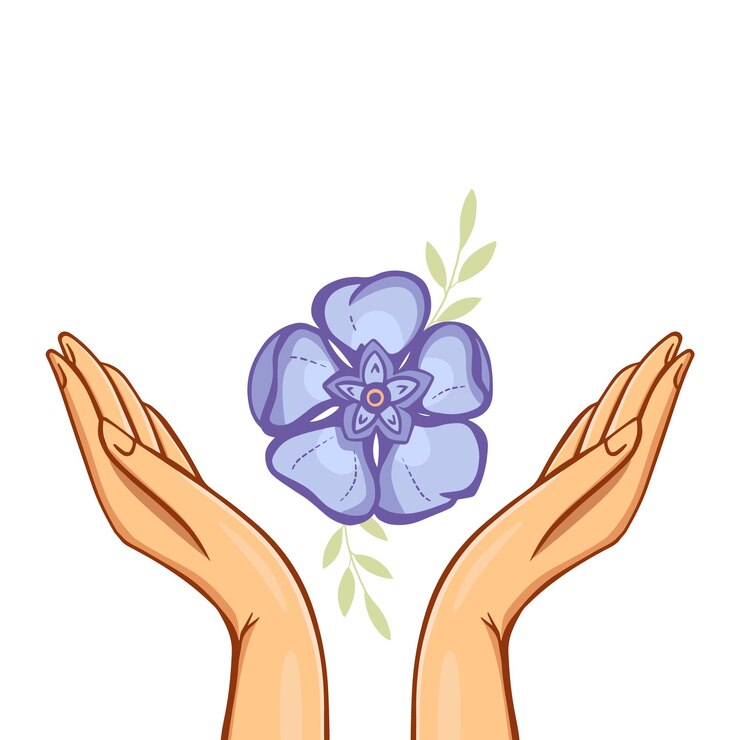 Vecteur fleur de pervenche au milieu des mains des femmes surélevées sur fond blanc bon pour l'illustration des produits féminins et écologiques