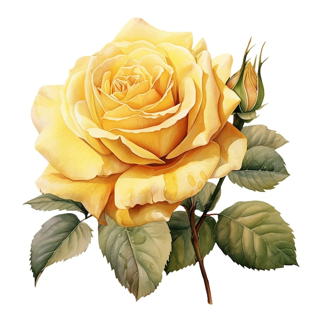 Fleur rose aquarelle jaune isolée sur fond blanc AI générée