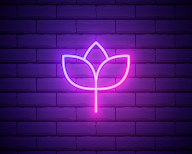 Fleur rose brillant néon ui ux icône Signe lumineux logo vecteur Fleur rougeoyante isolée sur fond de mur de brique