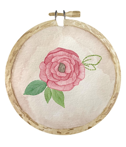 Fleur Rose Brodée à L'aquarelle Avec Des Feuilles Vertes Sur La Toile De Cadre De Broderie En Bois