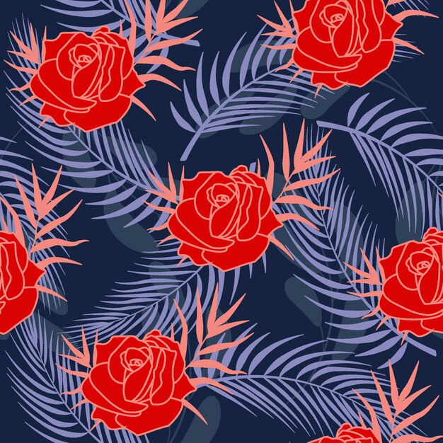 Fleur Rose Et Feuilles De Palmier Ligne Modèle Sans Couture Dessiné à La Main Vecteur Premium