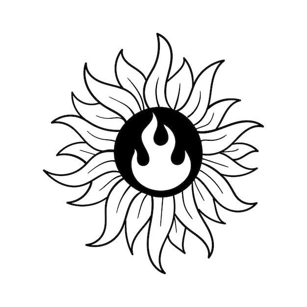 Fleur De Soleil Dessinée à La Main Avec Illustration De Doodle De Feu Pour Affiche D'autocollants De Tatouage, Etc.