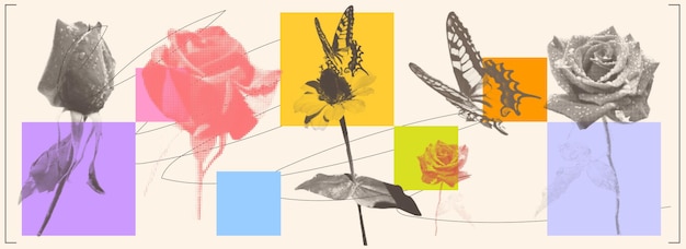 Fleur vectorielle et papillon avec un effet de photocopie rétro à la mode Texture de points ponctuels modernes