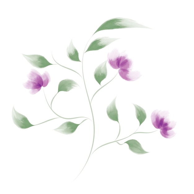 Vecteur fleur violette aquarelle et feuilles vertes