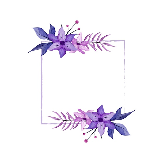 Vecteur fleur violette avec cadre carré floral aquarelle ligne violette éléments floraux luxueux fond botanique