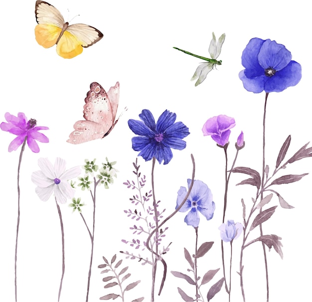 Vecteur fleurs à l'aquarelle et papillon illustration peinte à la main isolée sur fond blanc