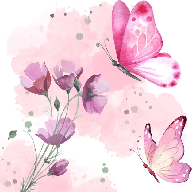 fleurs à l'aquarelle et papillons