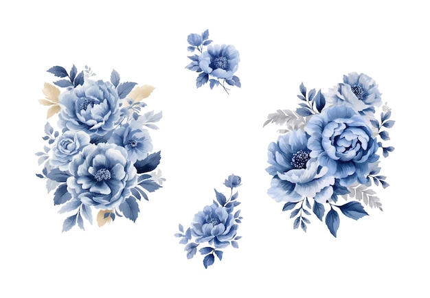 Vecteur fleurs bleu marine aquarelle définies fleurs vectorielles vintage
