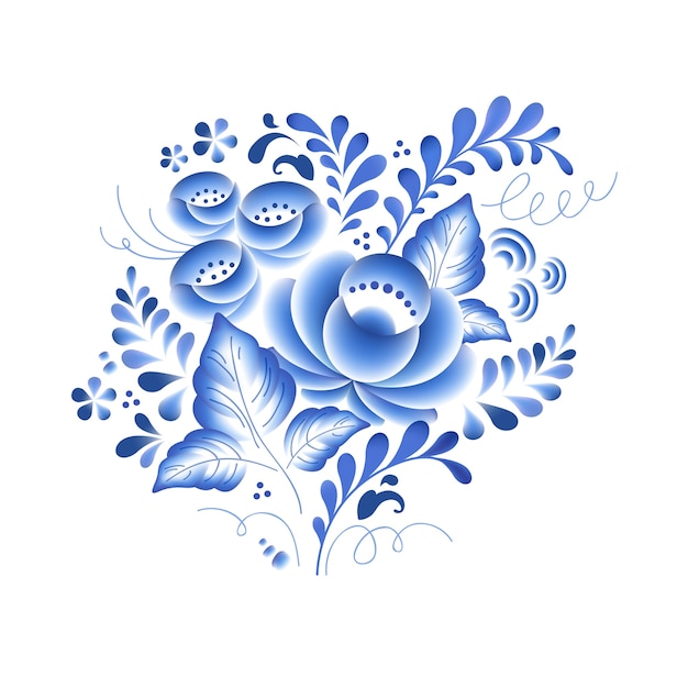 Fleurs Bleues Florales En Porcelaine Russe Bel Ornement Folklorique. Illustration. Composition Décorative.