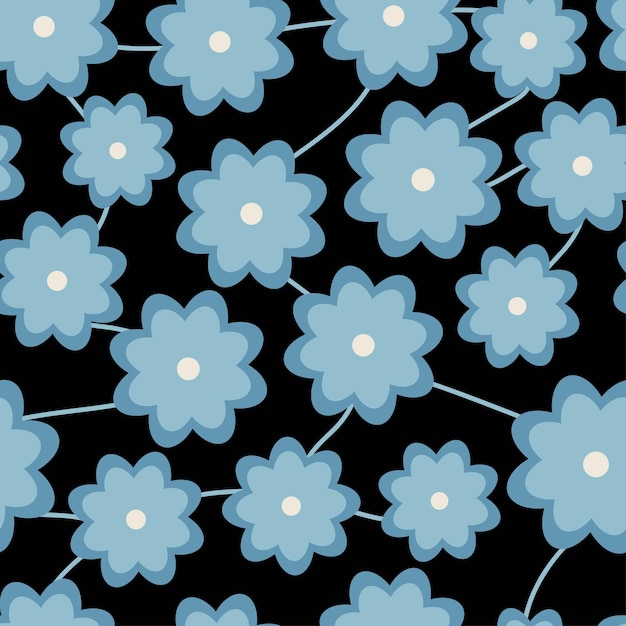 Fleurs bleues motif sans couture fleurs simples aléatoires symétriques sur fond noir impression simple doodle