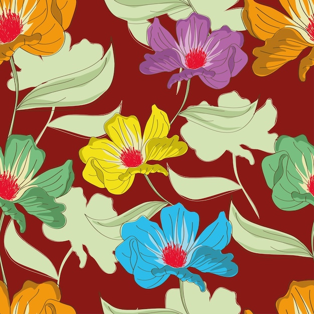 fleurs colorées avec des feuilles et des fleurs sur un fond rouge