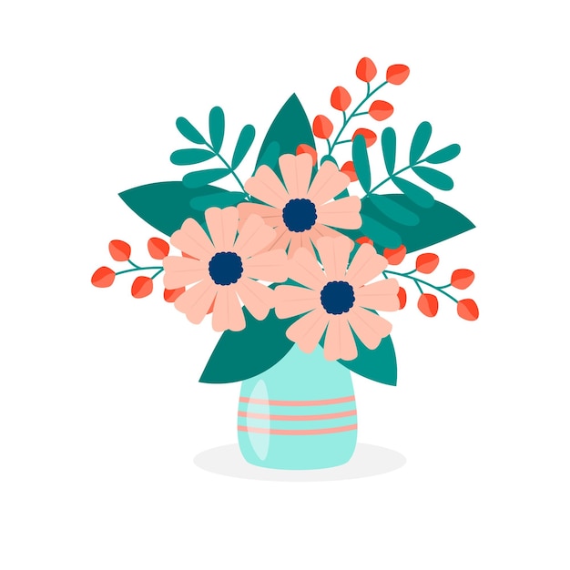 Fleurs Colorées Isolées Dans Un Vase Sur Fond Blanc. Illustration Vectorielle