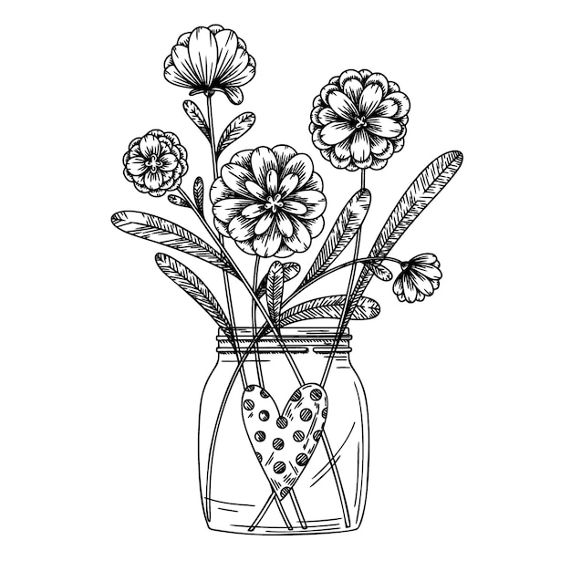 Vecteur fleurs dans un bocal en verre. bouquet isolé sur fond blanc. illustration vectorielle dans le style de croquis.