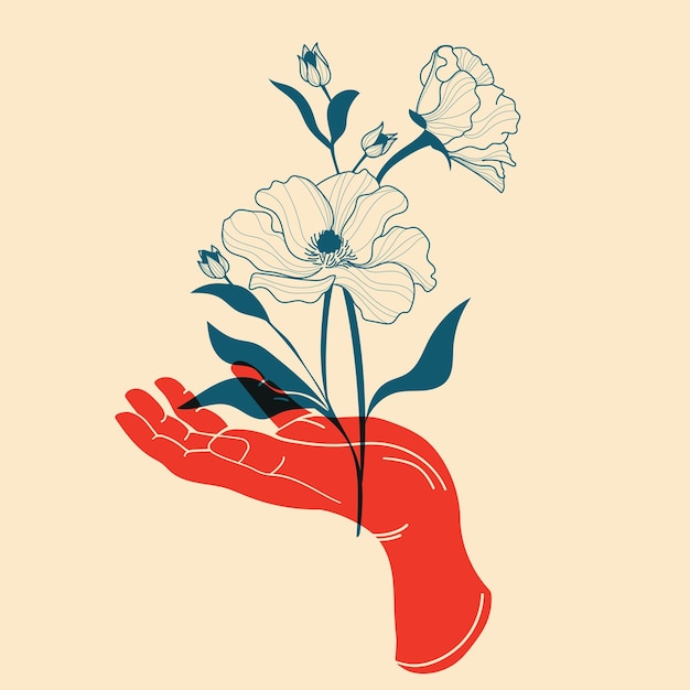 Vecteur fleurs dans les mains illustration vectorielle dans un style minimaliste avec effet d'impression riso élément de conception