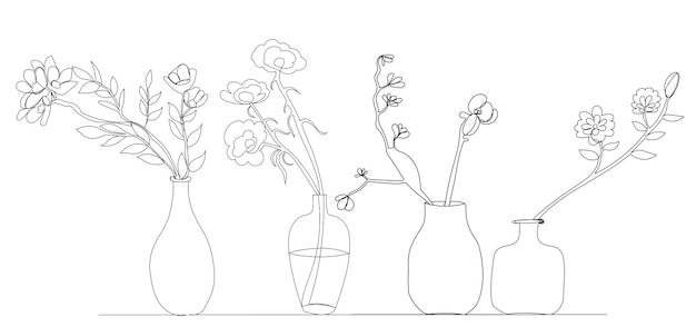 Vecteur fleurs dans un vase un dessin au trait continu isolé