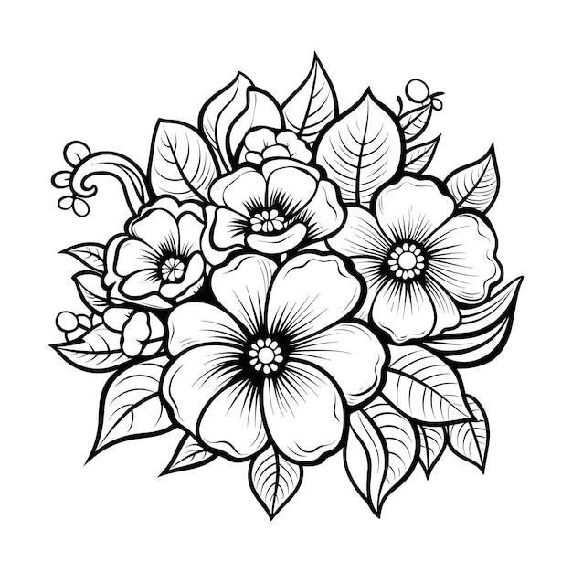 Vecteur fleurs de dessin animé style dessin animé simple contours noirs noir et blanc