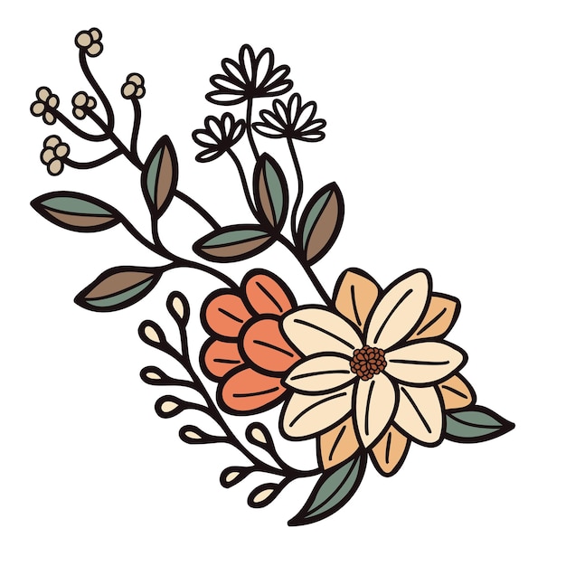 Fleurs dessinées à la main avec des brindilles dans un style doodle