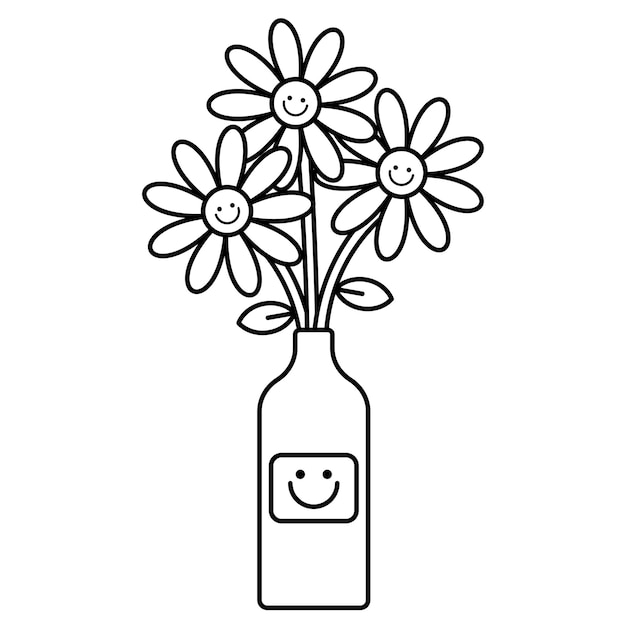 Vecteur fleurs dessinées à la main de vecteur dans un vase kawaii page à colorier pour les enfants illustration